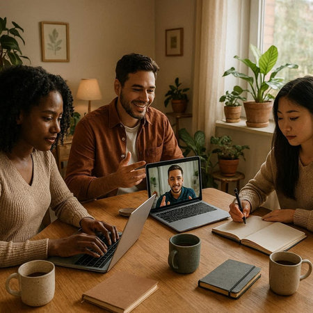 Group of multiethnic friends using laptop for video call at home