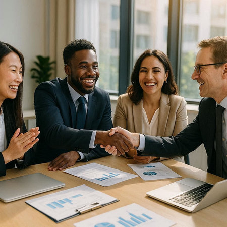Happy business people shaking hands at meeting in office. Multiethnic group of colleagues greeting...