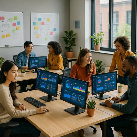 Multiethnic group of business people working on desktop computer in office