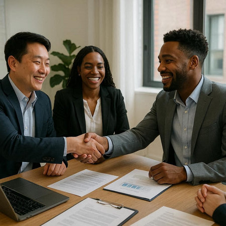Smiling diverse businesspeople shaking hands, finishing up a meeting at office