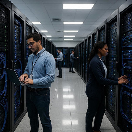Programmers working in server room and using laptop. They are in datacenter.