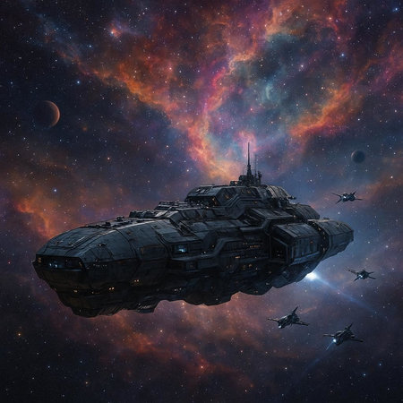 Space ship in deep space. Cosmic background. 3D rendering.