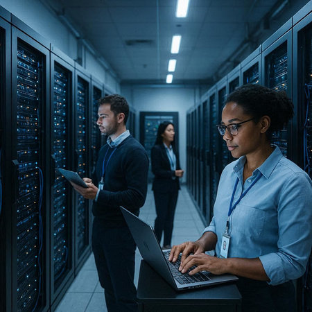 Serious businesswoman using laptop while standing in server room with colleagues in background