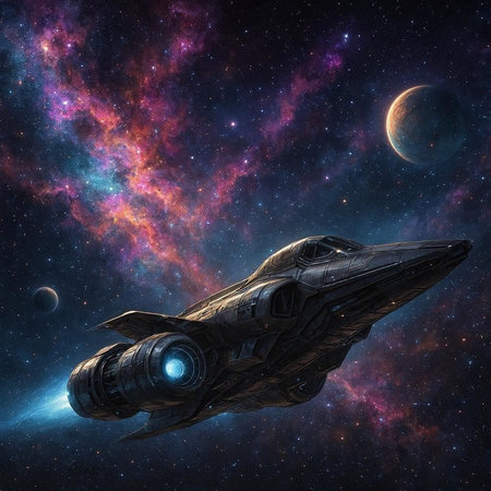 Space ship against the background of the nebula. 3D renderingの写真素材