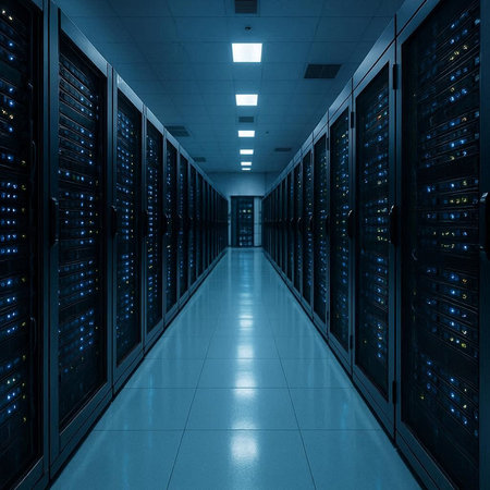 network server room data center room with rows of black servers 3d rendering