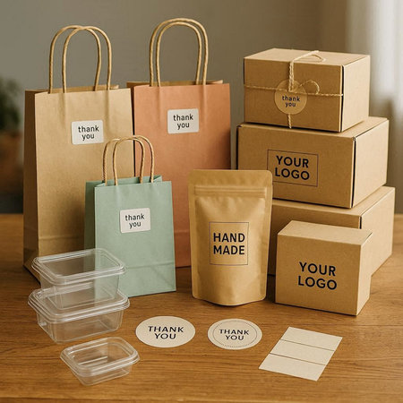 Shopping bags and boxes on a wooden table in the office.