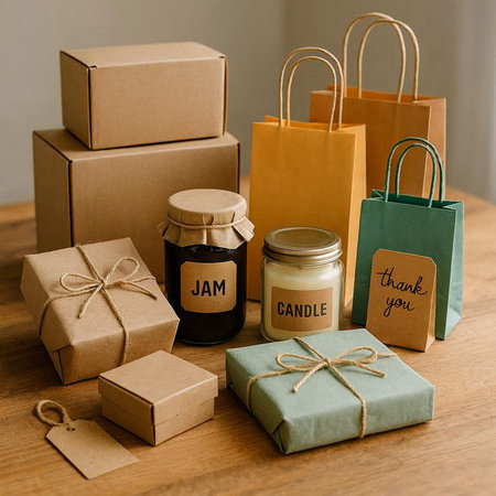 Zero waste shopping concept. Eco friendly gift boxes, paper bags and jars with natural products on...