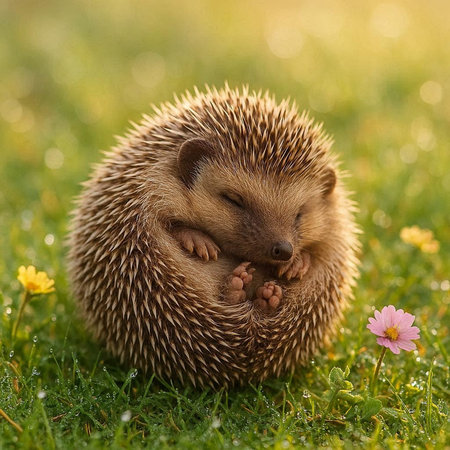 hedgehog in the grass on a background of green grass and flowersの写真素材