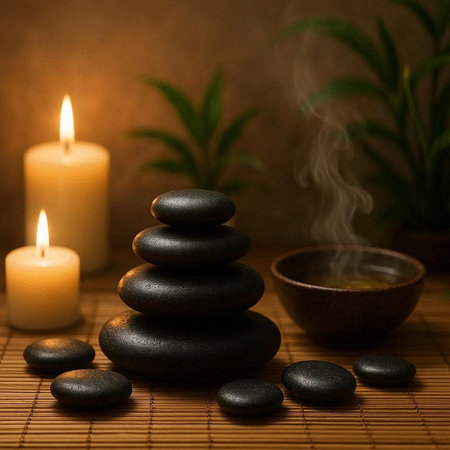 Spa still life with hot stones and burning candles on bamboo mat