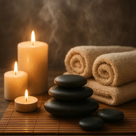 Spa still life with candles, stones and towels on bamboo mat