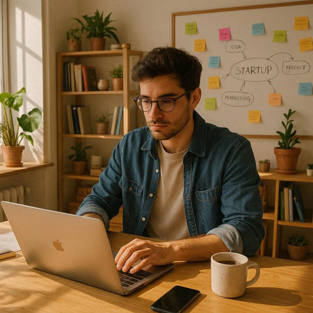 handsome young man in eyeglasses using laptop while sitting at table in office