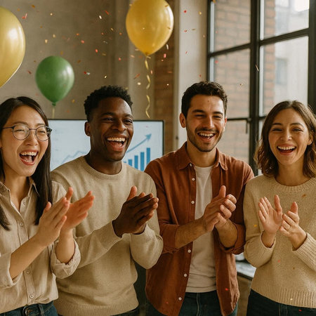 Portrait of a group of happy young businesspeople celebrating success together at officeの写真素材