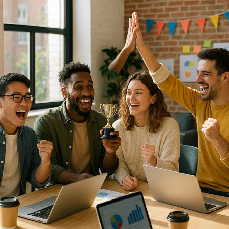Group of young multiethnic business people celebrating success while sitting at desk in office