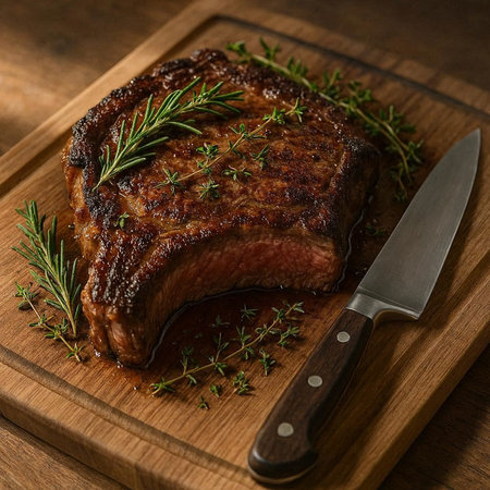 Grilled beef steak with rosemary and knife on wooden cutting board
