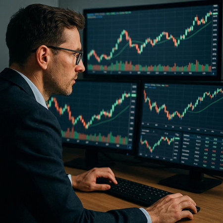 Side view of a young businessman sitting at his desk in front of multiple computer screens with...