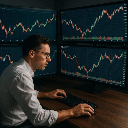 Side view of young trader working on computer in dark room with forex chart on screen. Stock market...