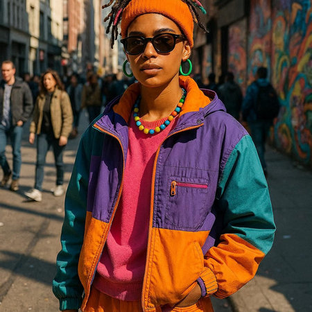 Fashionable woman poses outside Gucci fashion show building for Milan Women's Fashion Week in Milan.
