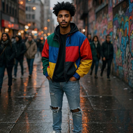 Young african american man with afro hairstyle wearing colorful jacket and jeans walking in the city...