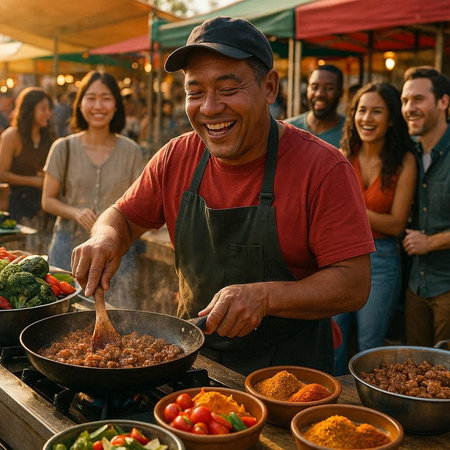 Cheerful man preparing food at a street food market, smiling.の写真素材