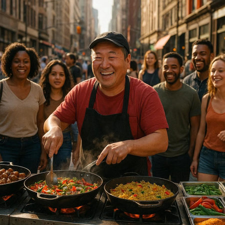 Mature Asian man cooking paella with friends in the background.