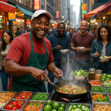 Street food in New York City. African American street vendor in a red t-shirt and a cap making a wok...