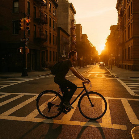 Young man riding a bicycle in a city at sunset, tonedの写真素材