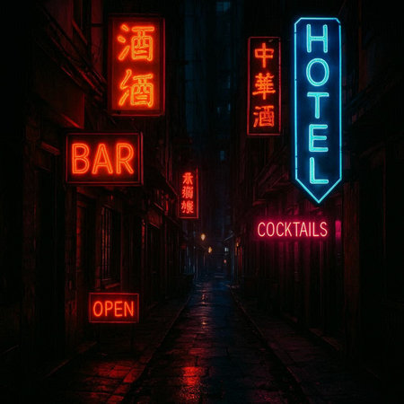 Neon signs in Chinese style on the street of Shanghai, China.