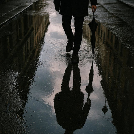 A man in a raincoat with an umbrella stands in a puddle.