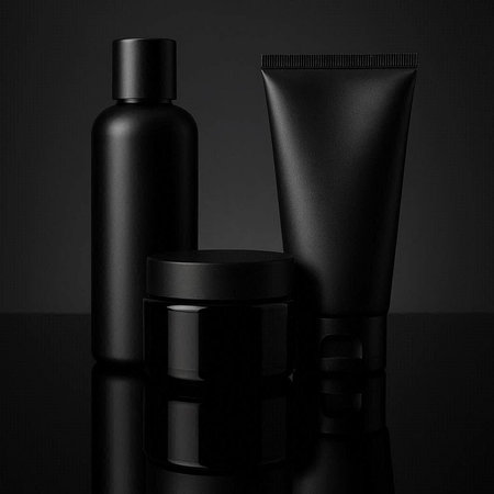 Black cosmetic bottles on a black background. 3d rendering mock upの写真素材