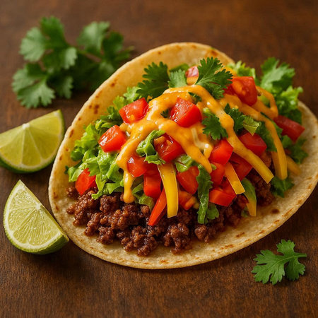 Mexican tacos with meat, vegetables and guacamole.