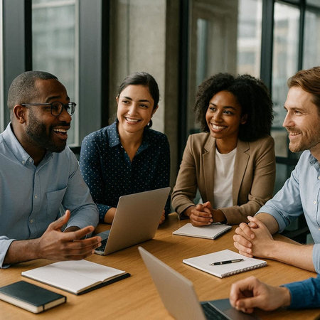 smiling multiethnic businesspeople using laptop during meeting in office