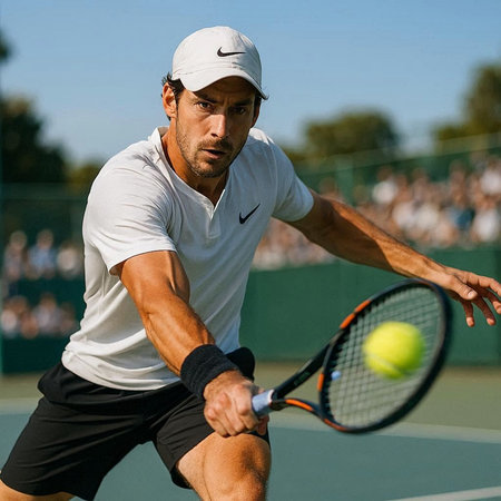 Tennis player in action during a match on the tennis court.