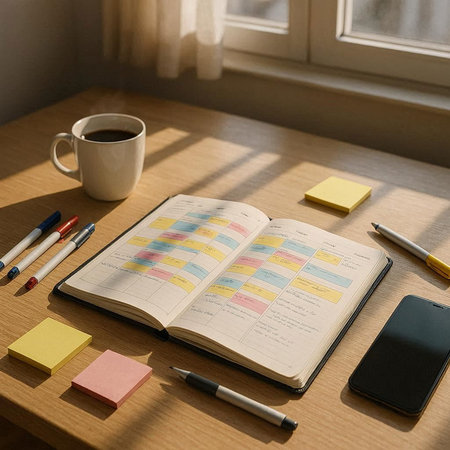 Notebook and coffee cup on the wooden table in the morning.