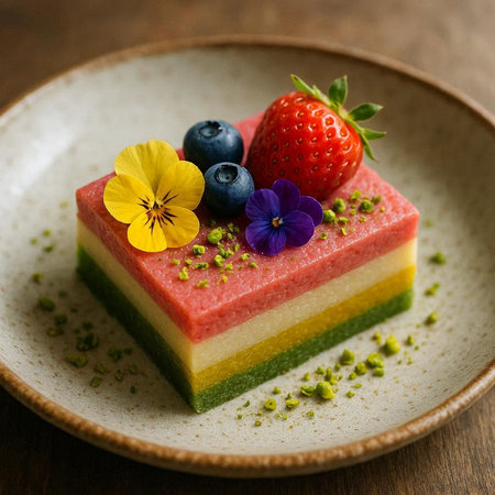 Rainbow cake with strawberry and blueberry, selective focus, square image