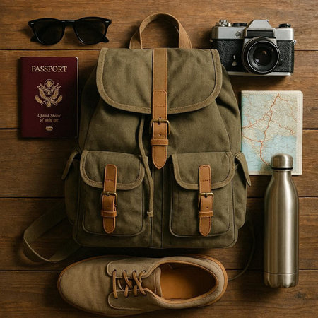 Backpack, camera, map and shoes on a wooden background.