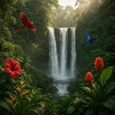 Beautiful tropical waterfall with red parrot and red flowers in jungle