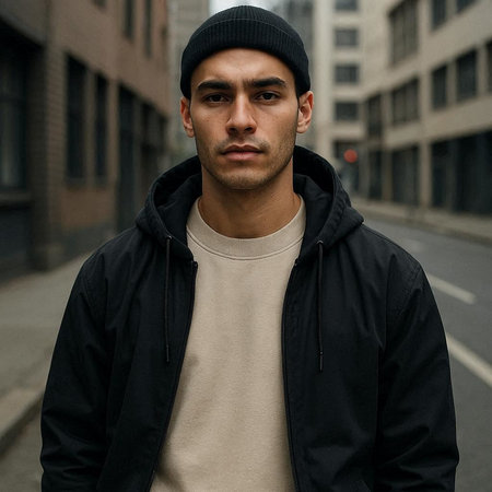 Portrait of a handsome young man in a black jacket and a black hat.