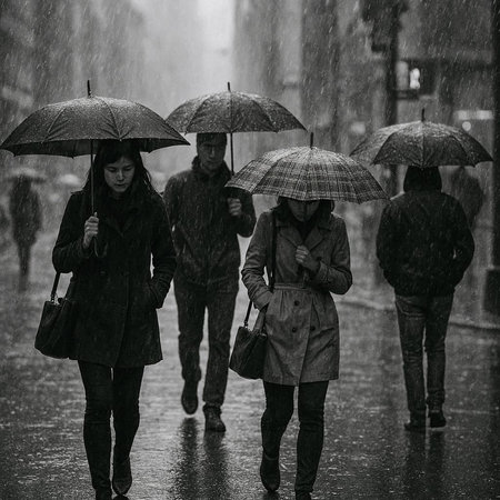 Couple walking in the rain with umbrella. Black and white photo.