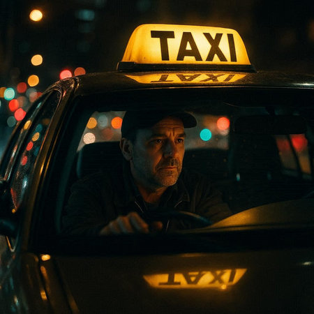 Taxi driver in the city at night. Taxi driver on the road.の写真素材