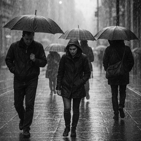 Rainy rainy day with people walking in the street. Black and white.