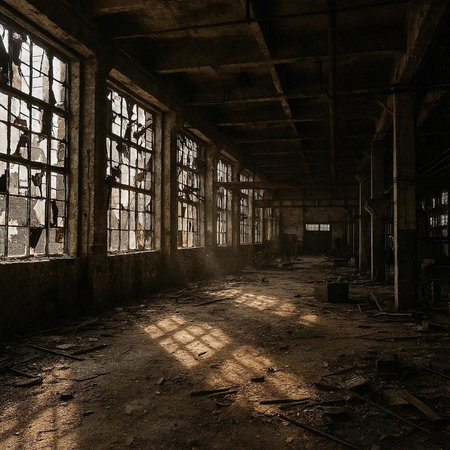Abandoned industrial interior with old windows and sunlight. 3d rendering