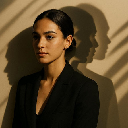 Portrait of a beautiful brunette woman in a black suit.