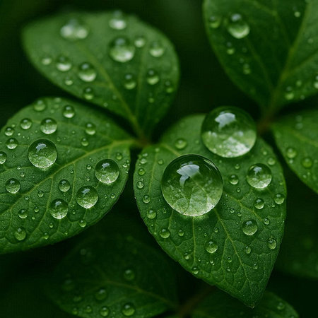 Water drops on green leaves. Nature background. Selective focus.