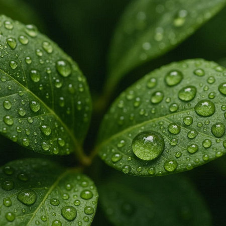 Water droplets on a green leaf. Macro photography of nature.