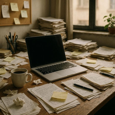 Laptop with blank screen on the table with pile of papers and a cup of coffee