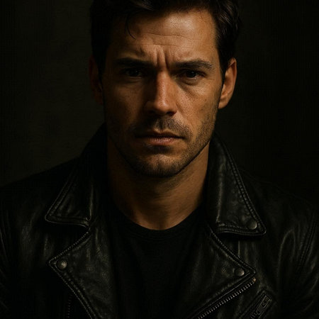 Portrait of a man in a leather jacket on a dark backgroundの写真素材