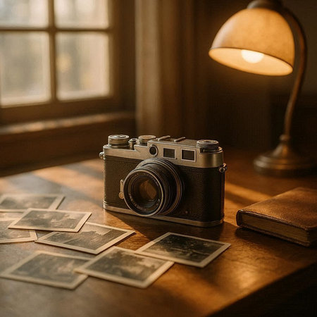 Vintage camera and old photos on a wooden table near the window