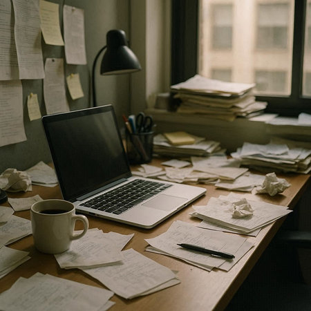 laptop on the table in the office with documents and coffee cup
