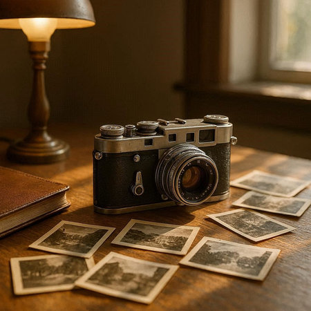 Vintage camera and old photos on a wooden table. Selective focus.