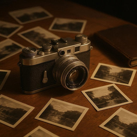 Vintage camera and old photos on wooden table. Selective focus.の写真素材